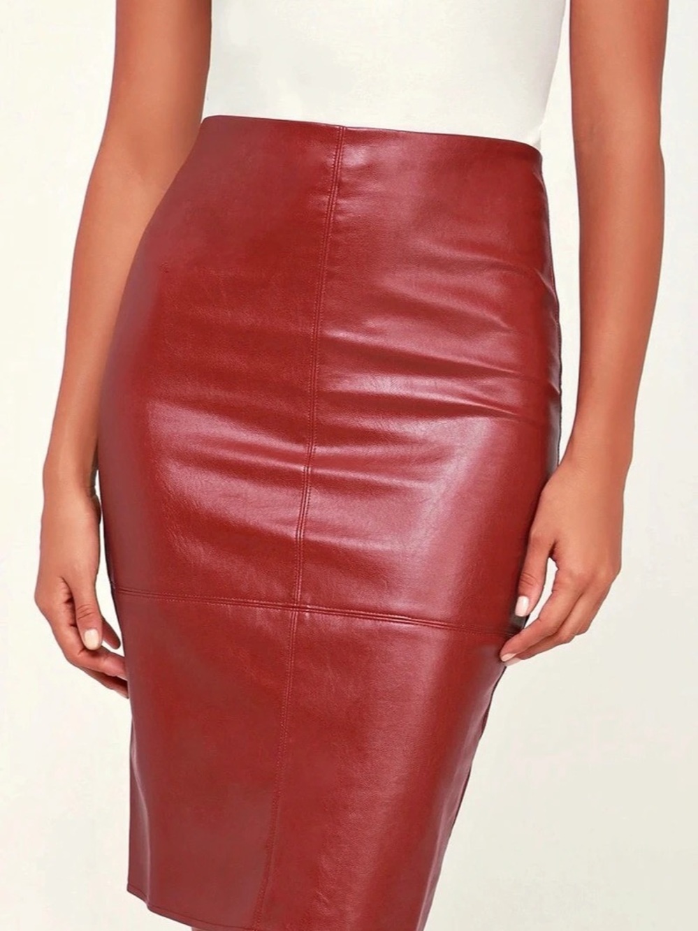 Lulus Pencil Me In Burgundy Vegan Leather Midi Skirt Medium